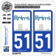 2 Autocollants plaque immatriculation Auto 51 Reims - Ville