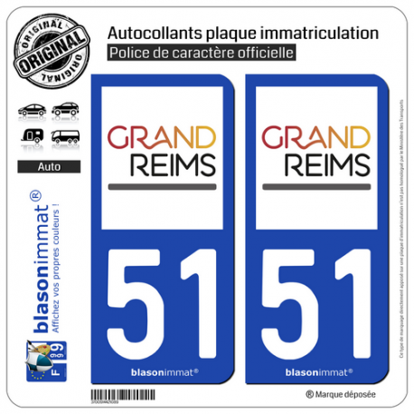 2 Autocollants plaque immatriculation Auto 51 Reims - Agglo