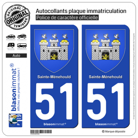 2 Autocollants plaque immatriculation Auto 51 Sainte-Ménehould - Armoiries