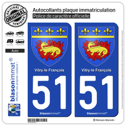 2 Autocollants plaque immatriculation Auto 51 Vitry-le-François - Armoiries