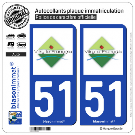 2 Autocollants plaque immatriculation Auto 51 Vitry-le-François - Agglo