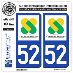 2 Autocollants plaque immatriculation Auto 52 Champagne-Ardenne - LogoType