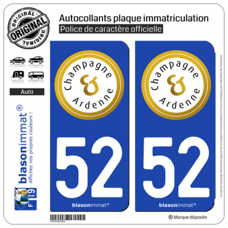 2 Autocollants plaque immatriculation Auto 52 Champagne-Ardenne - Tourisme