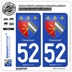 2 Autocollants plaque immatriculation Auto 52 Chaumont - Armoiries