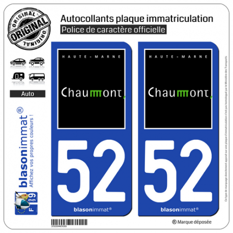 2 Autocollants plaque immatriculation Auto 52 Chaumont - Ville