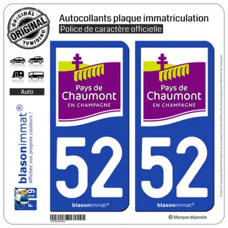 2 Autocollants plaque immatriculation Auto 52 Chaumont - Tourisme