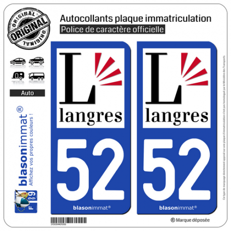 2 Autocollants plaque immatriculation Auto 52 Langres - Ville