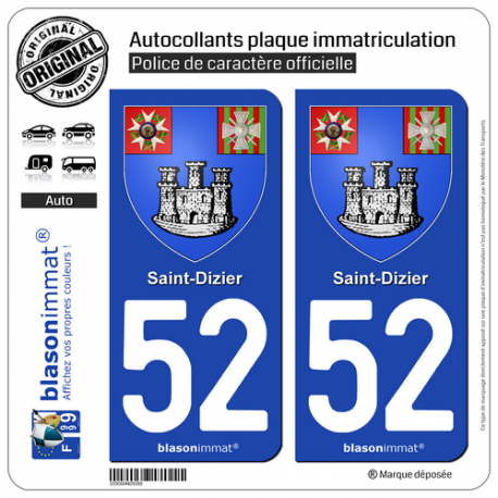 2 Autocollants plaque immatriculation Auto 52 Saint-Dizier - Armoiries