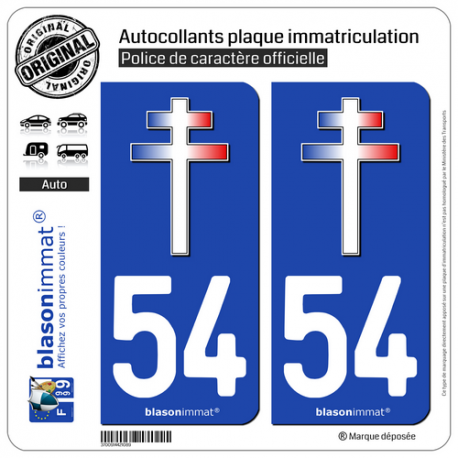 2 Autocollants plaque immatriculation Auto 54 Croix de Lorraine