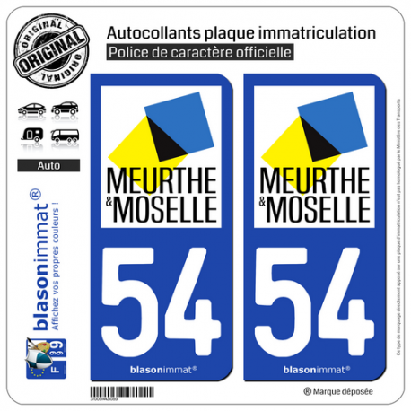 2 Autocollants plaque immatriculation Auto 54 Meurthe-et-Moselle - Département