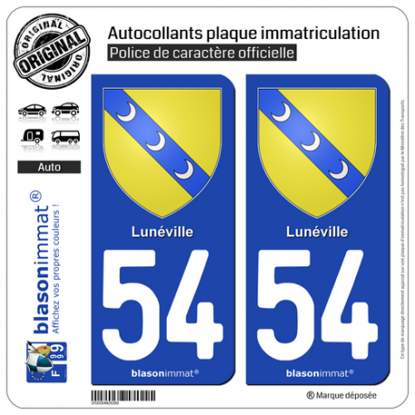 2 Autocollants plaque immatriculation Auto 54 Lunéville - Armoiries