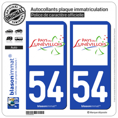 2 Autocollants plaque immatriculation Auto 54 Lunéville - Pays