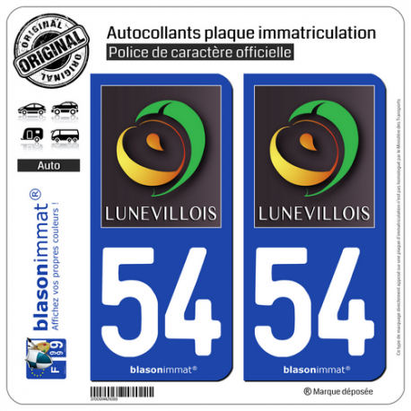 2 Autocollants plaque immatriculation Auto 54 Lunéville - Tourisme