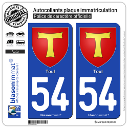 2 Autocollants plaque immatriculation Auto 54 Toul - Armoiries