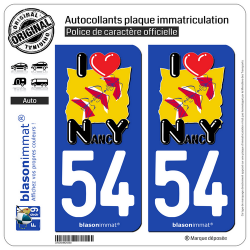 2 Autocollants plaque immatriculation Auto 54 Nancy - Love