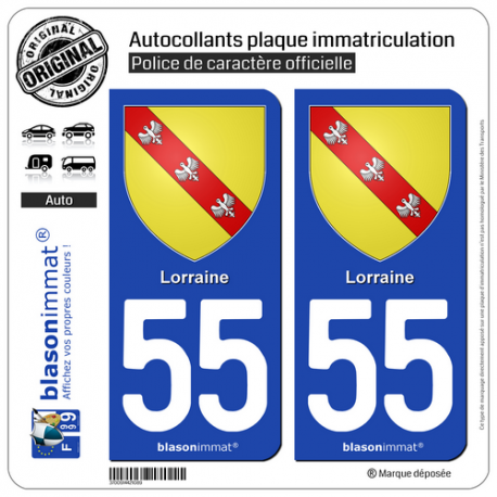 2 Autocollants plaque immatriculation Auto 55 Lorraine - Armoiries