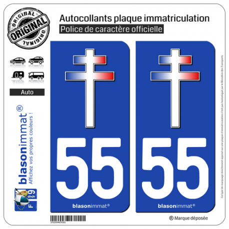 2 Autocollants plaque immatriculation Auto 55 Croix de Lorraine