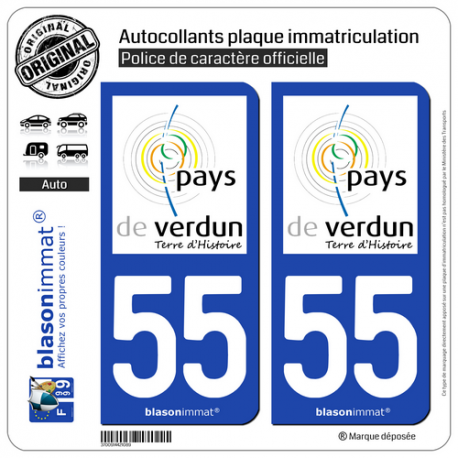 2 Autocollants plaque immatriculation Auto 55 Verdun - Pays