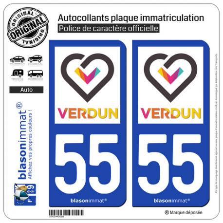 2 Autocollants plaque immatriculation Auto 55 Verdun - Tourisme