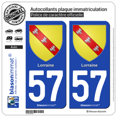 2 Autocollants plaque immatriculation Auto 57 Lorraine - Armoiries