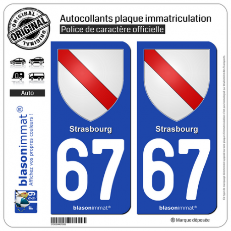 2 Autocollants plaque immatriculation Auto 67 Strasbourg - Armoiries