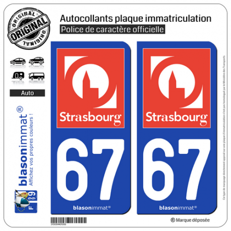 2 Autocollants plaque immatriculation Auto 67 Strasbourg - Tourisme