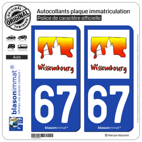2 Autocollants plaque immatriculation Auto 67 Wissembourg - Tourisme