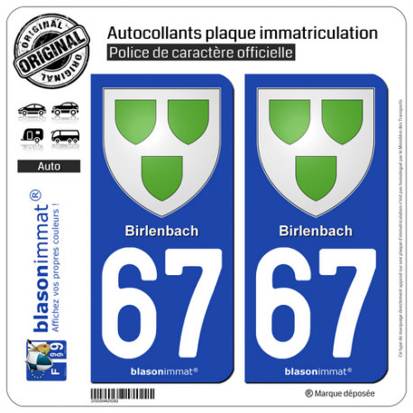 2 Autocollants plaque immatriculation Auto 67 Birlenbach - Armoiries