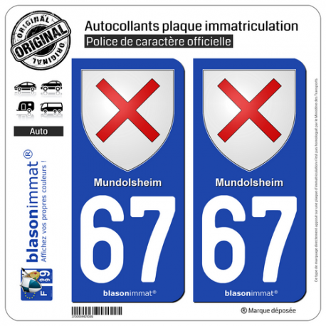 2 Autocollants plaque immatriculation Auto 67 Mundolsheim - Armoiries