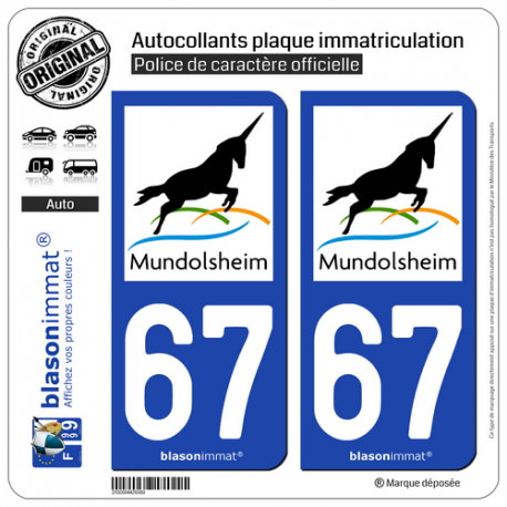 2 Autocollants plaque immatriculation Auto 67 Mundolsheim - Commune