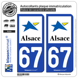 2 Autocollants plaque immatriculation Auto 67 Alsace - Région