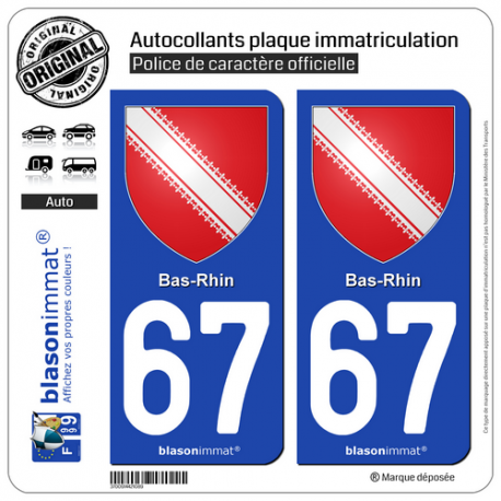 2 Autocollants plaque immatriculation Auto 67 Bas-Rhin - Armoiries