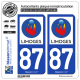 2 Autocollants plaque immatriculation Auto 87 Limoges - Ville