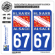 2 Autocollants plaque immatriculation Auto 67 Alsace - Drapeau