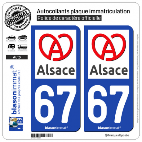 2 Autocollants plaque immatriculation Auto 67 Alsace - Région II