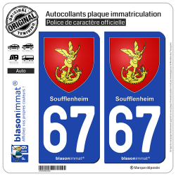 2 Autocollants plaque immatriculation Auto 67 Soufflenheim - Armoiries