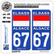 2 Autocollants plaque immatriculation Auto 67 Alsace - Drapeau Historique
