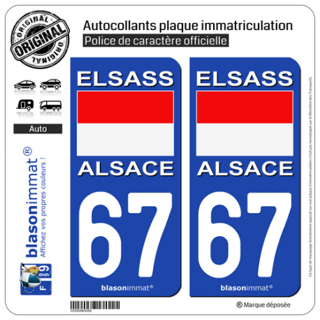 2 Autocollants plaque immatriculation Auto 67 Alsace - Drapeau Historique