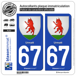 2 Autocollants plaque immatriculation Auto 67 Urmatt - Armoiries