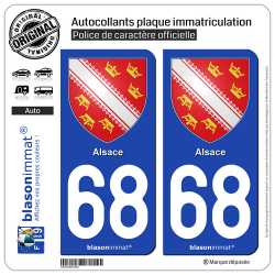 2 Autocollants plaque immatriculation Auto 68 Alsace - Armoiries