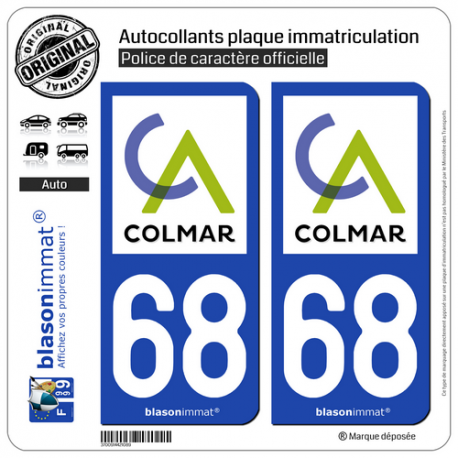 2 Autocollants plaque immatriculation Auto 68 Colmar - Agglo