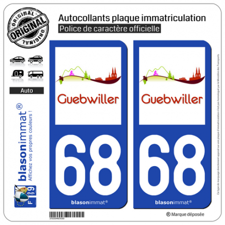 2 Autocollants plaque immatriculation Auto 68 Guebwiller - Tourisme