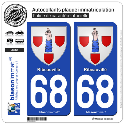 2 Autocollants plaque immatriculation Auto 68 Ribeauvillé - Armoiries