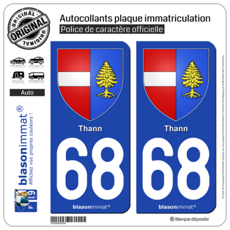 2 Autocollants plaque immatriculation Auto 68 Thann - Armoiries