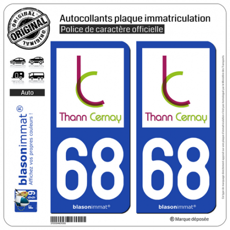 2 Autocollants plaque immatriculation Auto 68 Thann - Agglo