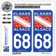 2 Autocollants plaque immatriculation Auto 68 Alsace - Drapeau