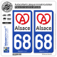 2 Autocollants plaque immatriculation Auto 68 Alsace - Région II