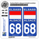 2 Autocollants plaque immatriculation Auto 68 Alsace - Drapeau Historique
