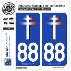 2 Autocollants plaque immatriculation Auto 88 Croix de Lorraine