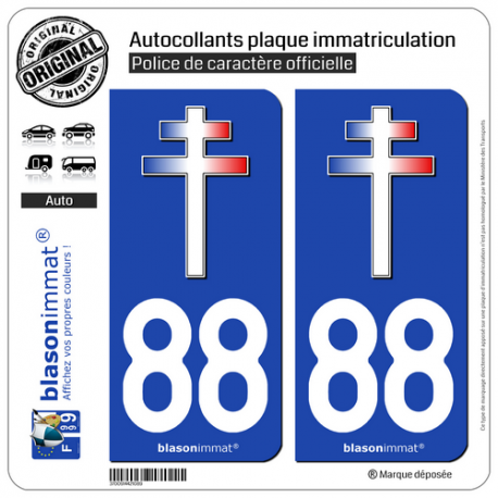 Jeu de 2 Stickers pour plaques d'immatriculation auto - Modèle : 88 Croix de Lorraine